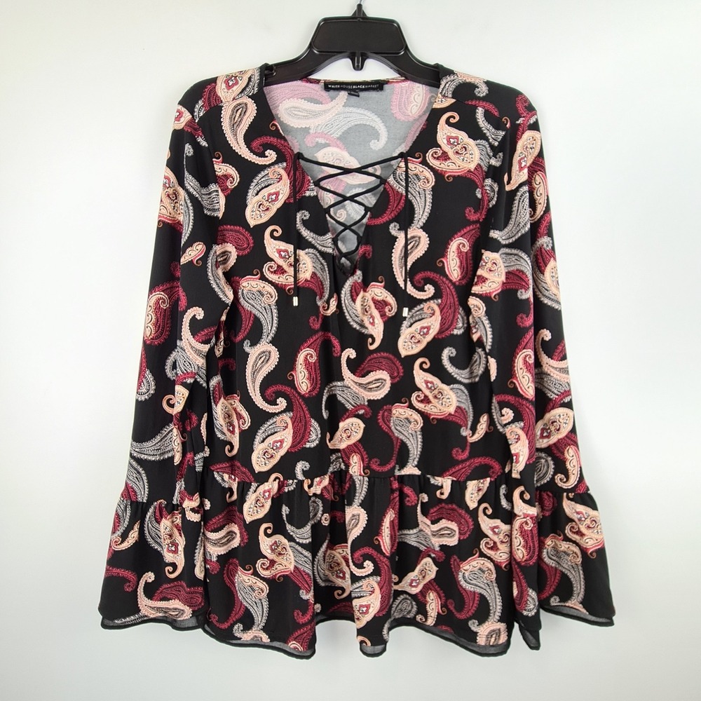 White House Black Market Black Paisley Print Bell Sleeve Peplum Top Large Boho